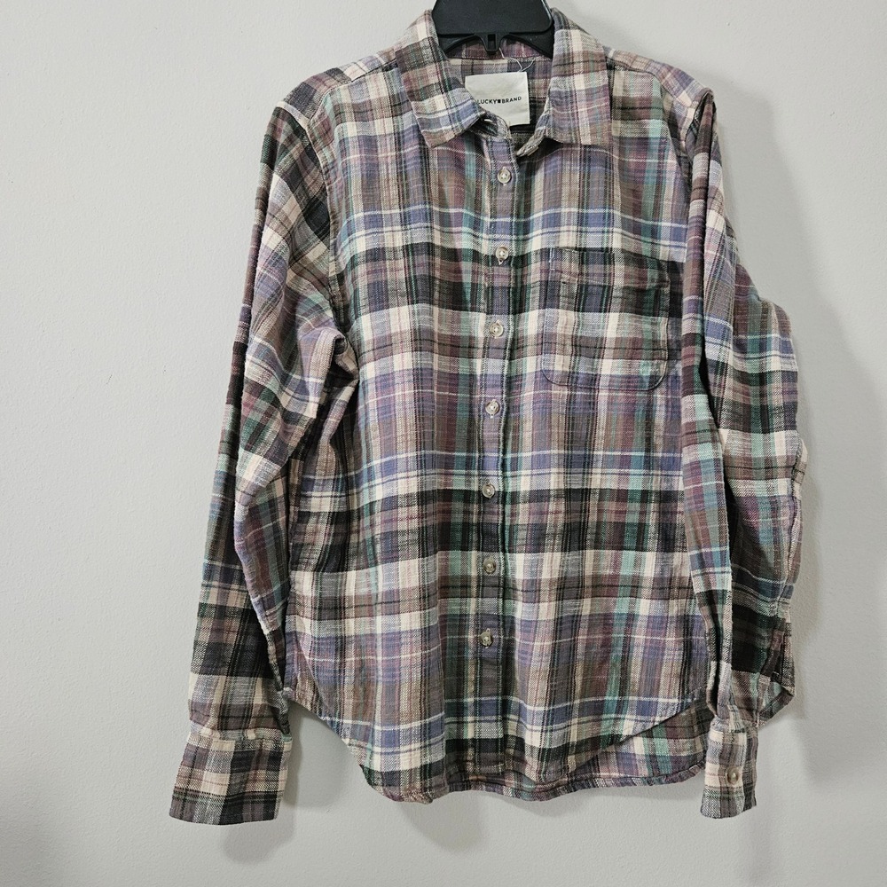 Lucky Brand Womens Plaid Flannel Button Down Shirt Purple Teal‎ Gray Small